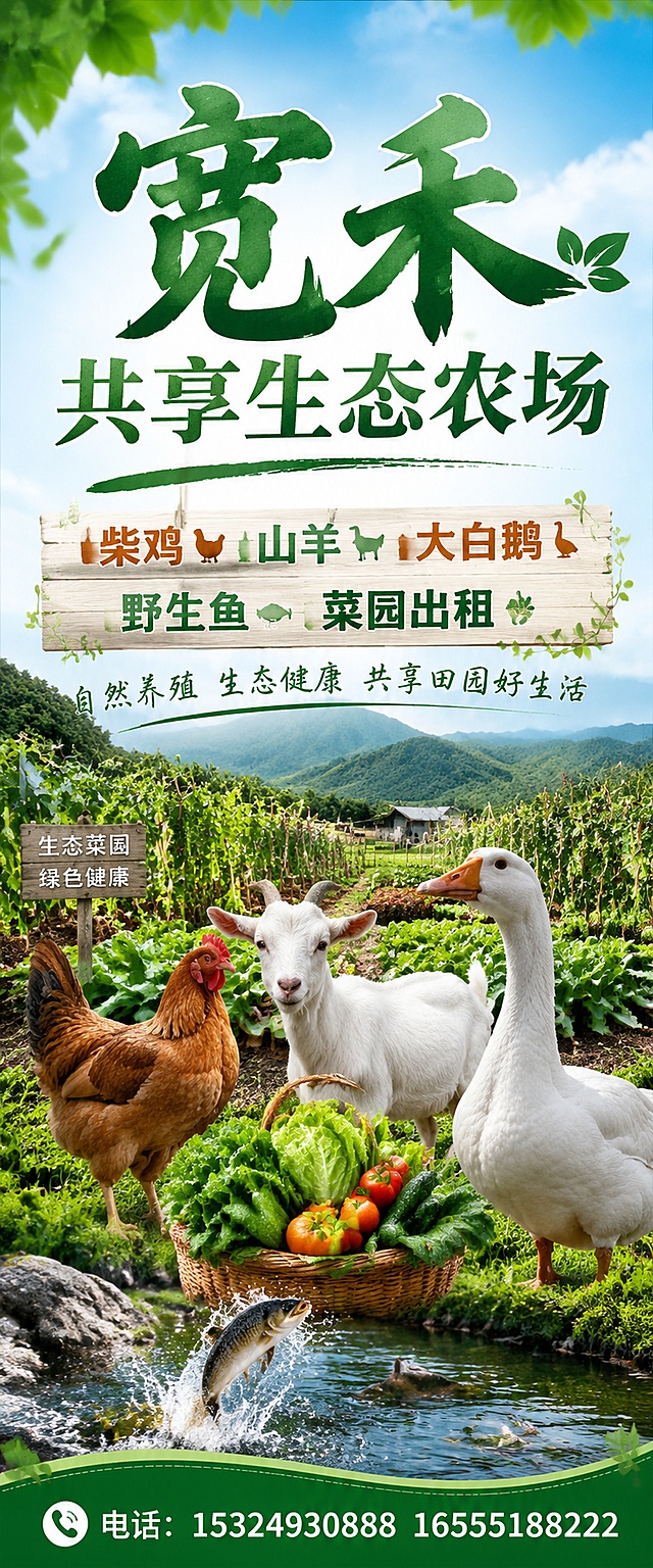设计一张生态农场宣传海报，整体是乡村自然风格，画面背景包含新鲜蔬菜菜园场景，主体展示柴鸡、山羊、大白鹅和野生鱼，文字内容：大标题 "宽禾 共享生态农场"，列出特色产品 "柴鸡 山羊大白鹅 野生鱼 菜园出租"，底部联系电话 "电话：15324930888 16555188222"，整体清新自然，适合农业宣传
比例是120*50cm  竖版