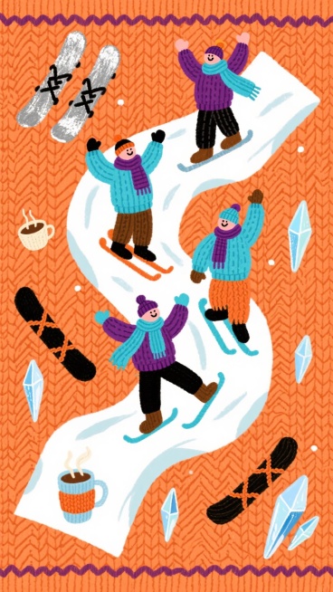 几个滑雪爱好者的人物欢呼雀跃姿势站在雪道地图上，边缘随机散布滑雪板、热可可杯、冰凌，暖橙色背景预览效果