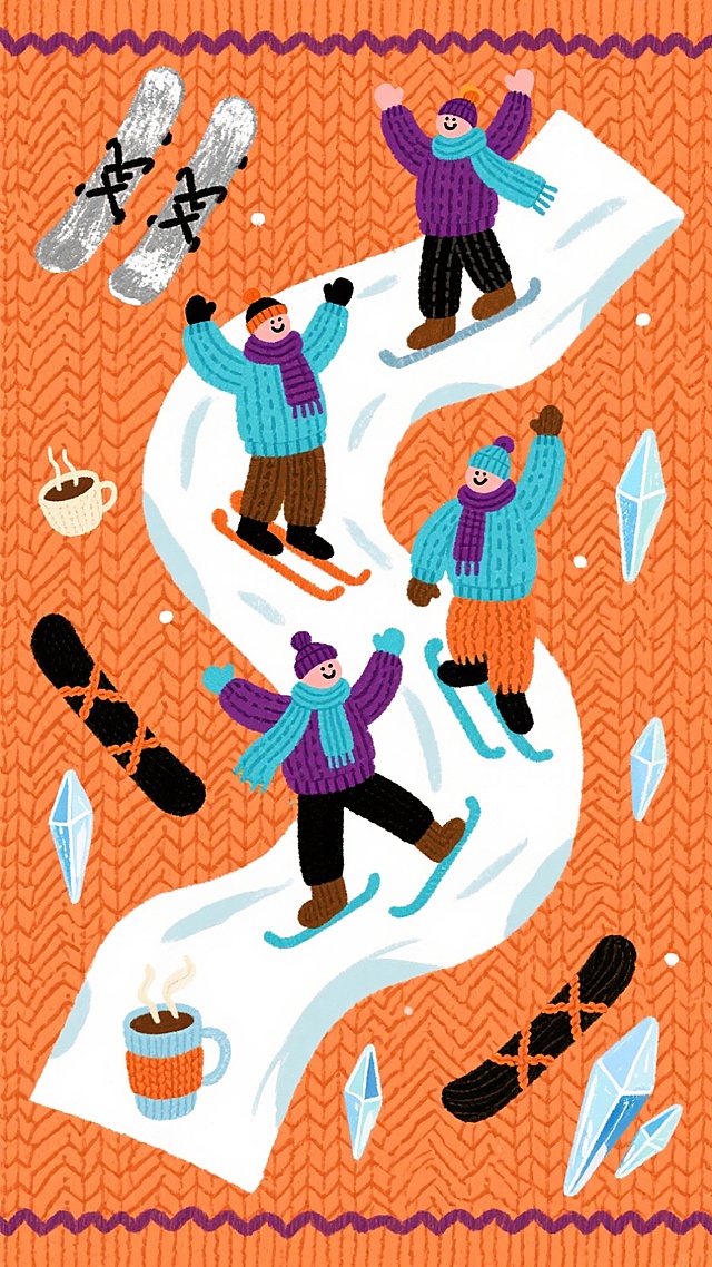 卡通感插画风，拟人化人物滑雪嬉戏，橙色针织纹理背景，搭配热饮与冰晶，温暖冬日氛围浓厚。
