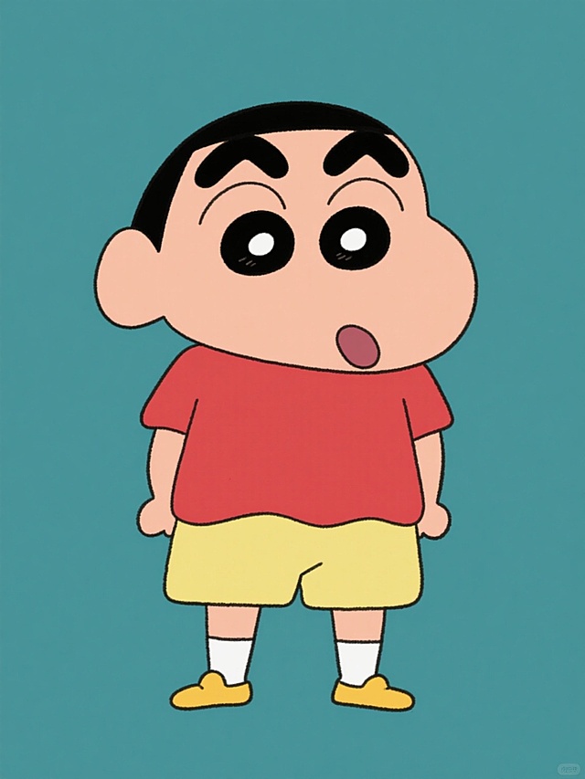 蜡笔小新卡通形象，保持原动画的2D手绘风格，圆润的线条，简洁的色块填充，角色特征包括粗黑的眉毛、大大的眼睛、微张的嘴巴和伸出的舌头，穿着红色上衣和黄色短裤，黄色鞋子，白色袜子。纯色背景，无文字，无logo，无水印，拓展不同场景。