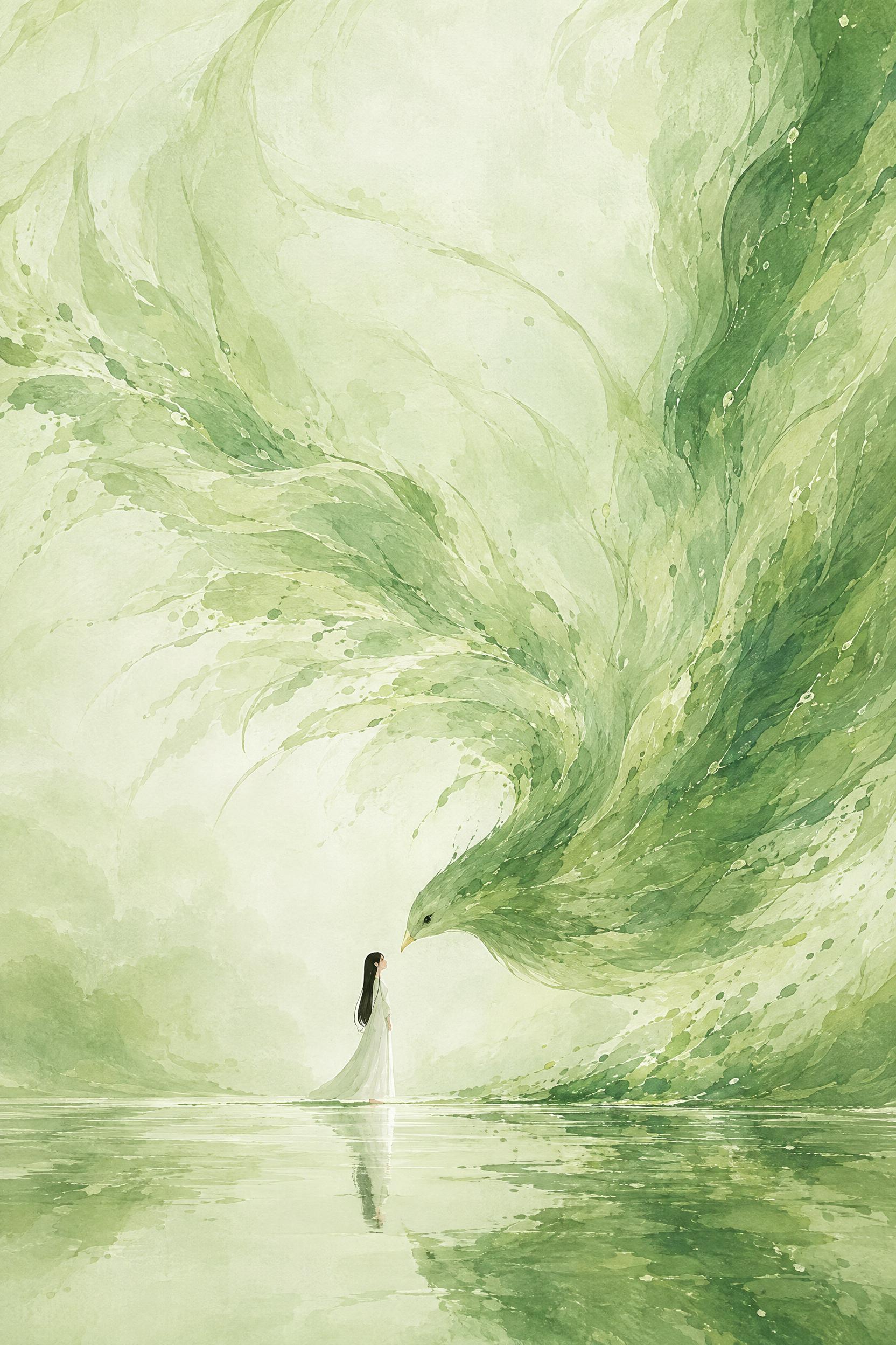 参考图一的治愈系意象插画风格，以巨大的绿色飞鸟与白衣少女对视为… - 图片创意预览