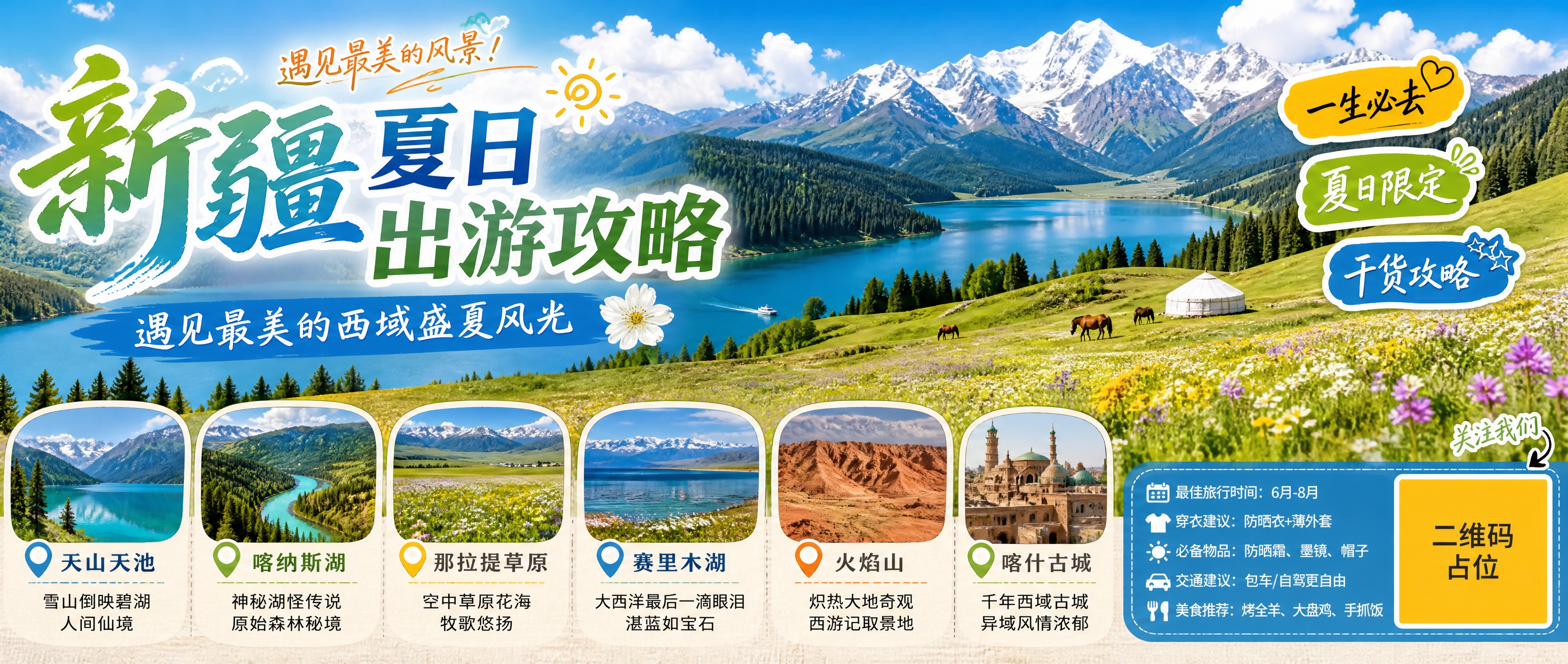 微信公众号封面横版海报，主题为新疆夏日出游攻略。画面以新疆壮丽… - 图片创意预览