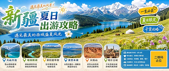 微信公众号封面横版海报，主题为新疆夏日出游攻略。画面以新疆壮丽自然风光为主视觉，融合天山天池碧蓝湖水、喀纳斯湖神秘森林、那拉提草原辽阔花海、赛里木湖湛蓝湖面等新疆标志性风景名胜元素。夏日阳光明媚，天空湛蓝飘着白云，草原上野花盛开，远处雪山皑皑，呈现新疆盛夏独特的西域风情。画面左侧或上方大标题文字："新疆夏日出游攻略"，副标题："遇见最美的西域盛夏风光"。画面中点缀"一生必去""夏日限定""干货攻略"等手写感贴纸标签。底部或侧边列出景点关键词：天山天池、喀纳斯湖、那拉提草原、赛里木湖、火焰山、喀什古城。整体风格清新自然，写实风景摄影质感，色彩明亮饱和，蓝绿黄为主色调，充满夏日出游的愉悦氛围。版式精美，文字排版清晰有层次，公众号封面适配。画面中所有信息区域必须填充完整合理的内容，不得出现空白框或待填写区域。画面中所有二维码区域使用纯色方块占位符呈现，方块中央标注"二维码占位"文字，严禁生成任何可识别的二维码图案。