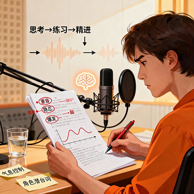 动漫风插画，软3D质感结合手账元素，展现声优练习场景，清新舒适中传递励志成长理念，科技感声波与脑图设计强化专注氛围。