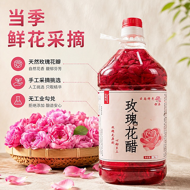 [主图-2] 核心卖点展示，突出拒绝工业勾兑天然原料
[氛围风格] 真实溯源风，传递天然健康信任感
[画质] 商业摄影质感，光线柔和通透，产品清晰真实，画面干净高级
[元素] 玫瑰花醋瓶放在右侧，左侧搭配盛放新鲜粉红玫瑰的竹篮，展示当季采摘原料。保持产品外观、物理结构、材质质感、颜色与输入产品图绝对一致，杜绝任何变形和色差，精细化处理。商品主体占比约65%，竹篮玫瑰衬托产品天然属性。背景浅自然肌理浅底，简洁不抢主体
[光影] 柔和自然侧光，突出玫瑰花瓣质感和醋液通透感，阴影柔和不生硬
[配色] 主色玫瑰粉红+浅米色，天然清新
[视角构图] 左物右图平衡构图，景深中等，层次清晰
[文字版式] 顶部大字号主标题「当季鲜花采摘」，玫瑰红色粗体；引线分别标注「天然玫瑰花瓣」「手工采摘挑选」「无工业勾兑」，小字说明搭配清晰引线，信息直观
[输出要求] 1:1 比例，2048*2048px，文字清晰可辨，超高清商业摄影质感
[负向提示词] 变形，文字错乱，产品图模糊，背景杂乱，水印，电商平台Logo