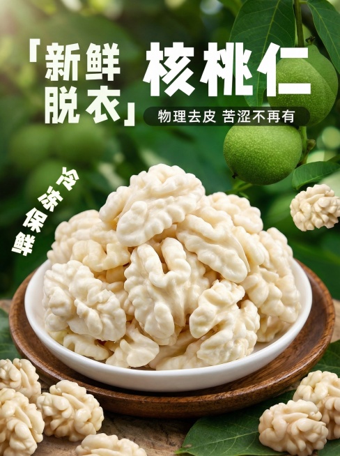 模仿参考图生成类似的新鲜脱衣核桃仁宣传图，保留所有文字内容，所有核桃仁调整为纯白色去皮效果，背景调整得更加真实自然，核桃仁堆叠位置和分散核桃仁位置与原图不一样，不生成完全相同的图片，尺寸为750×10预览效果