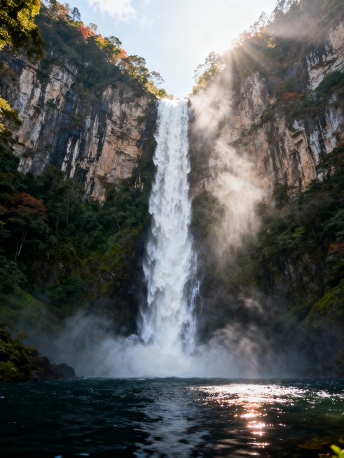 飞流直下三千尺，疑是银河落九天，根据这句诗描述山水画面，真实场景。预览效果