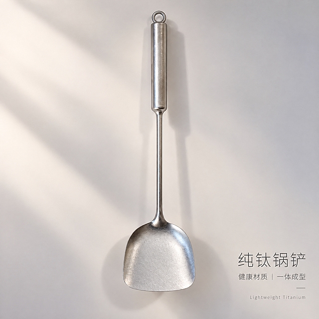 以第一张图的构图、背景、光影、文字布局和整体风格为准，将图中的锅铲产品替换为第二张图里的金属银原色方形铲头纯钛锅铲，严格还原第二张图产品的形状、金属银原色、方形铲头形状、锻面哑光肌理、长手柄与挂孔结构等所有细节，其他保持不变。画面只出现一个纯钛锅铲，不出现第二把产品，不出现包装、人物、手、水印和无关杂物。细质轻奢风、哑光质感风，高级冷淡极简视觉，浅米白与暖灰渐变背景，柔和侧逆光勾勒金属边缘，产品竖向居中悬挂展示，金属银原色锅铲完整清晰，铲面呈现细腻锻面哑光肌理，长手柄与挂孔结构清楚，背景大面积留白，少量高级阴影增强立体感。主标题右对齐，使用无衬线极简细字体，文字为"纯钛锅铲"；副标题右对齐为"健康材质｜一体成型"；底部小标签为"Lightweight Titanium"。信息布局克制，文字只占右下角小区域，产品为绝对第一视觉，高清商业摄影质感，金属层次细腻，整体高端、干净、统一。负面提示词：多个产品，双款展示，出现第二把锅铲，人物，手，包装，纸箱，塑料感，镜面强反光，色彩过艳，花哨装饰，卡通插画，字体粗大，背景杂乱，产品变形，比例失调，文字遮挡产品，水印，噪点，低清晰度。