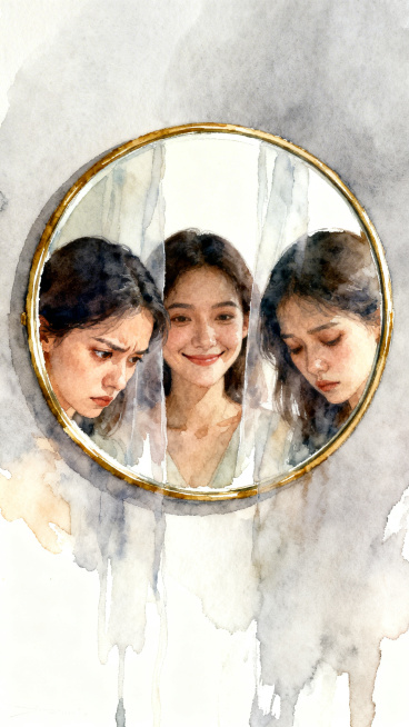 水彩风格，镜子中映出三个不同的女性倒影，分别呈现犹豫、微笑、疲惫的神态，氛围富有层次感预览效果