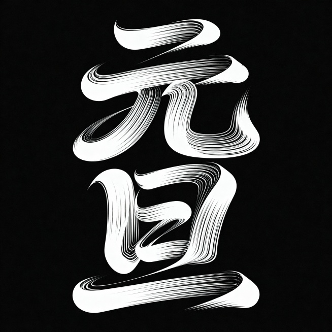 黑底白字,文字“元旦”,竖排；艺术化的中文字体设计,扭曲的笔画，动态不规则的字形，流动的感觉，创意的笔画扭曲和融合，现代抽象风格，线条粗细变化，线条交替,富有艺术感，字体呈现动态的梦幻感觉。预览效果