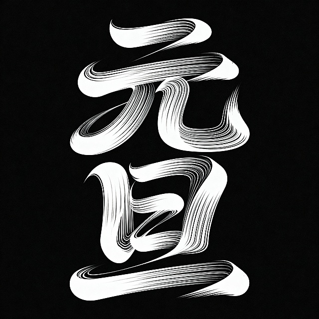 黑底白字,文字“元旦”,竖排；艺术化的中文字体设计,扭曲的笔画，动态不规则的字形，流动的感觉，创意的笔画扭曲和融合，现代抽象风格，线条粗细变化，线条交替,富有艺术感，字体呈现动态的梦幻感觉。