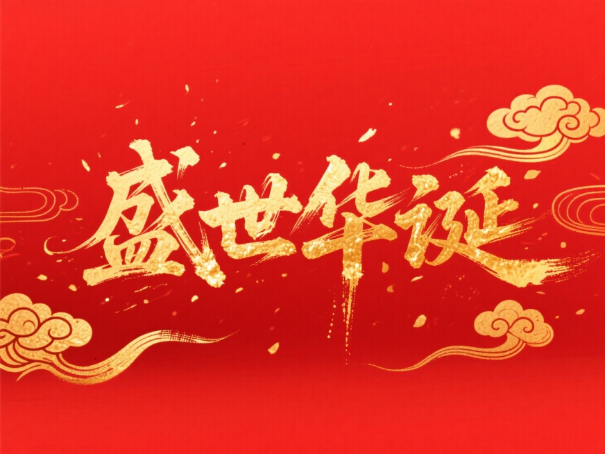 文案“盛世华诞”文字，烫金水墨，金色国风元素，文字横向排列，纯红色背景预览效果