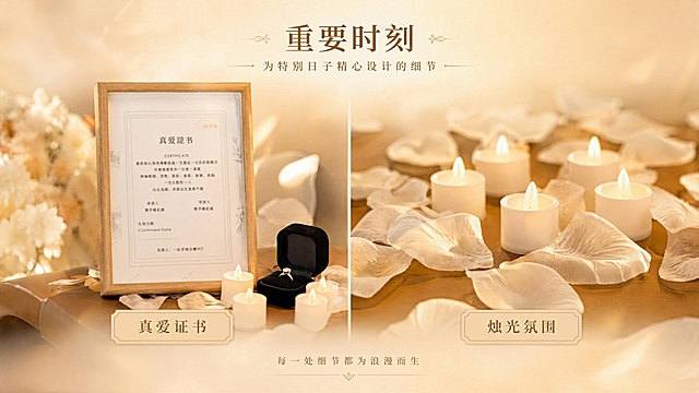 [第6张] 详情页仪式感细节-证书戒指蜡烛氛围道具。本张使用【图6】【图9】作为仪式感道具主体。
[氛围/风格] 温馨仪式感，暖调烛光，商业摄影质感，情感化排版。
[元素布局] 画面左侧展示真爱证书相框与戒指盒特写，右侧展示蜡烛与花瓣排列细节；证书、戒指盒、蜡烛、花瓣的造型颜色与输入图一致；整体营造庄重又浪漫的仪式感氛围。
[光影质感] 蜡烛暖光作为主要光源，柔和照亮证书与戒指盒，花瓣上有温暖反光，阴影柔和绵长，整体光影温馨有仪式感。
[配色色系] 全局底色 #F5E0C8（暖金渐变）；主色暖白烛光、木色相框；辅助色香槟金、奶白花瓣。
[视角构图] 左右分栏布局，左侧证书戒指近景，右侧蜡烛花瓣中景，阅读动线从左上标题到左右双场景。
[文字版式] 顶部居中主标题"重要时刻"，副标题"为特别日子精心设计的细节"；左右两图下方各有标签："真爱证书"、"烛光氛围"；底部小字"每一处细节都为浪漫而生"；所有文字为中文，优雅宋体字体。
[比例分辨率] 16:9横版比例，4K分辨率，文字清晰可辨，高清画质。
[负向提示词] 证书文字错乱，戒指变形，颜色偏差，水印，英文字符，蜡烛不自然，人物出现。