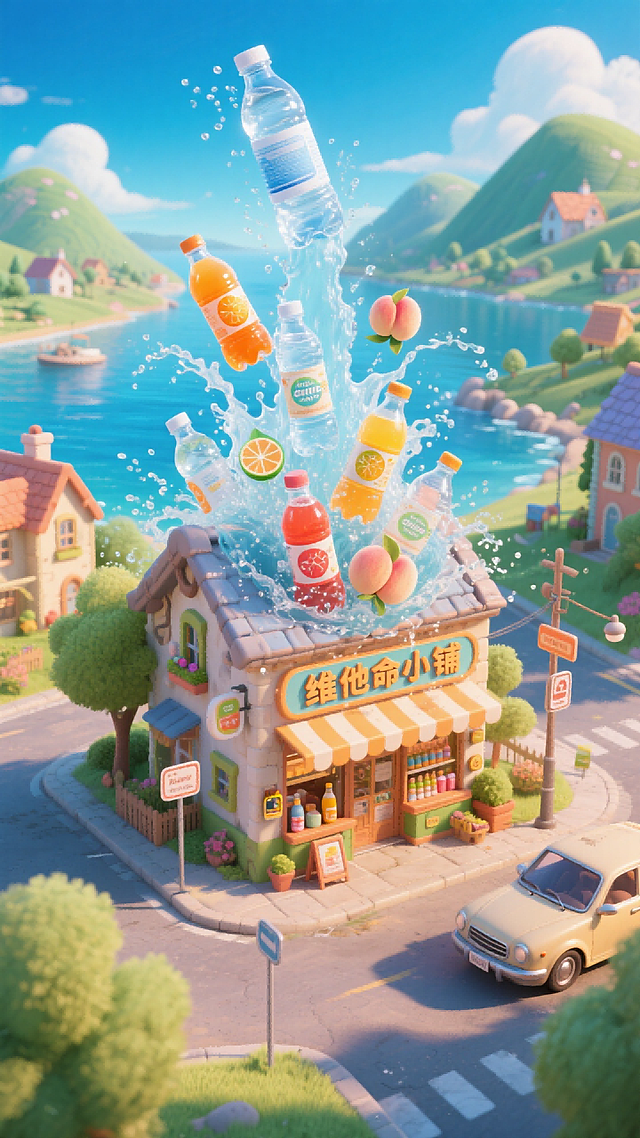 画面以蓝天、山丘与碧水环绕的童话小镇为背景，中央是一座的“维他命小铺”，俯视镜头，屋顶喷涌出多瓶不同口味（透明水、橙色果味、桃子风味）的饮料，搭配飞溅水花。店铺旁停着汽车、设有路牌。