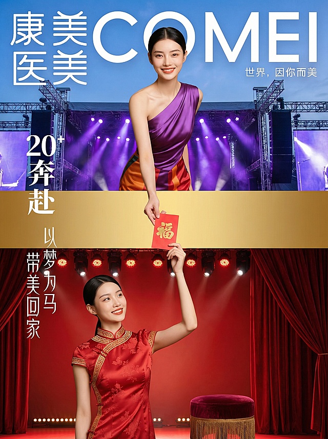 【上层场景，占比45%】：蓝天下的户外音乐节，有一些紫色灯光。身穿紫色+橙色+金色的拼接时尚质感高级定制大牌礼服的高级亚洲模特，她大眼睛双眼皮，长相很时髦，看向镜头微笑，齐肩短发大背头，上半身跨越界面从大街上延伸到底部场景，右手拿着红色小小的红底金字福字，从上层画面底部伸出，从中间信息条的上方穿过，传递到下层场景；下层场景中的年轻女性的手抬起接着上层场景递过来的小小的红底金字福字，小小的红底金字福字经过中间信息条上面。
	
【中间场景  画面占比15%】：（通栏分割上下两个真实场景），金色渐变背景且布局简洁规整，不放任何文字，上方递出的小小的红底金字福字显示在中间信息条上面。
	
【下层场景，占比40%】：一位亚洲年轻女性，齐肩短发大背头，红色礼服，服饰上有淡淡的花纹，旗袍上有金色几何条状装饰，站着，女性微笑地高高地抬起手接过从上方传递下来的小小的红底金字福字，手放在在中间场景上拿到（手需要握住小小的红底金字福字中下部），背景是红色的舞台 一束灯光打在模特身上，舞台下有红色帷幔 红色的几排丝绒凳子 奢华简约高级