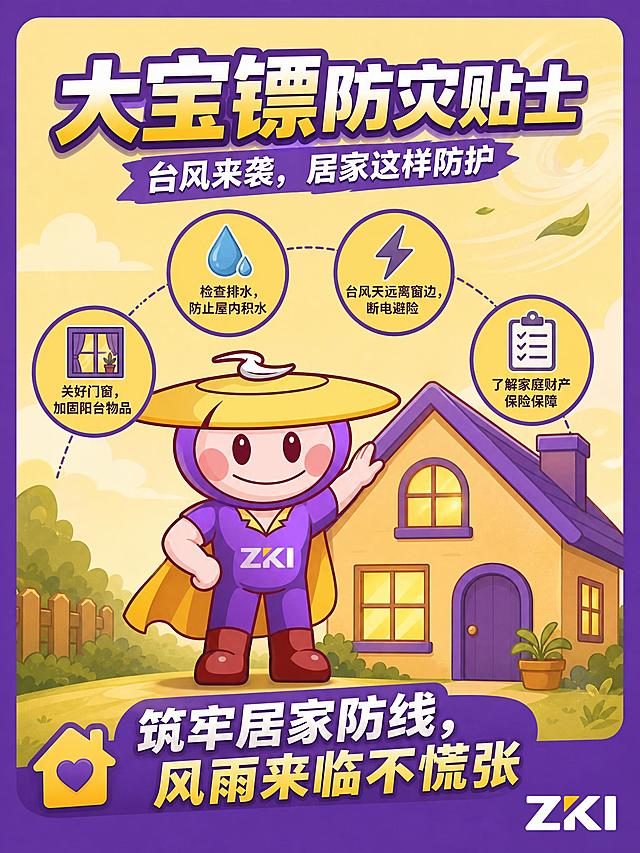 Q版扁平卡通风格海报，暖黄色与紫金品牌紫色为主色调。顶部标题文字："大宝镖防灾贴士"，副标题："台风来袭，居家这样防护"。画面C位是大宝镖IP形象，戴着黄色斗笠、披着黄色披风、身穿紫色ZKI战衣，站在一栋暖黄色的小房子旁边，一只手搭在房檐上做保护姿态，房屋是可爱的简笔画风格，窗户透出暖光。大宝镖周围环绕着四个圆形小分镜图标，呈半圆形排列：第一个圆圈内是窗户图标配文字"关好门窗，加固阳台物品"，第二个是水滴图标配文字"检查排水，防止屋内积水"，第三个是闪电图标配文字"台风天远离窗边，断电避险"，第四个是清单图标配文字"了解家庭财产保险保障"。每个小圆圈都有紫色边框，暖黄色填充。大宝镖胸口有ZKI标识，画面右下角也有ZKI标识。底部大标语："筑牢居家防线，风雨来临不慌张"。整体温暖安心，居家感强。版式精美，四周留有安全边距。画面中所有文字必须正确书写，不得出现错别字。