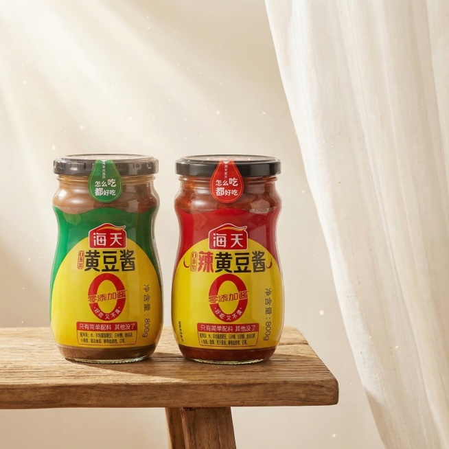 将海天黄豆酱和海天辣黄豆酱两瓶产品自然组合到同一张画面中，保持两瓶产品原有Logo、文字、结构完全不变，不扭曲不改变外形。商业高调摄影，柔和漫射光来自透光窗帘，整体明亮干净通透，采用三分法构图放置两瓶预览效果
