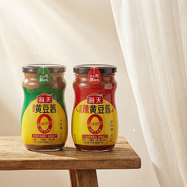 将海天黄豆酱和海天辣黄豆酱两瓶产品自然组合到同一张画面中，保持两瓶产品原有Logo、文字、结构完全不变，不扭曲不改变外形。商业高调摄影，柔和漫射光来自透光窗帘，整体明亮干净通透，采用三分法构图放置两瓶产品，保留30%画面留白，低饱和度暖白奶油色调，添加柔和丁达尔光束空气尘埃营造温馨氛围感。负向提示词：瓶身扭曲、Logo变形、内部液化、干瘪，多余的盖子、缺失的部件、悬浮的物体、变形的手柄、摄影灯、柔光箱、三脚架、水印、文字、昏暗光线、死黑阴影、畸变透视、比例失调，硬光、高对比度。