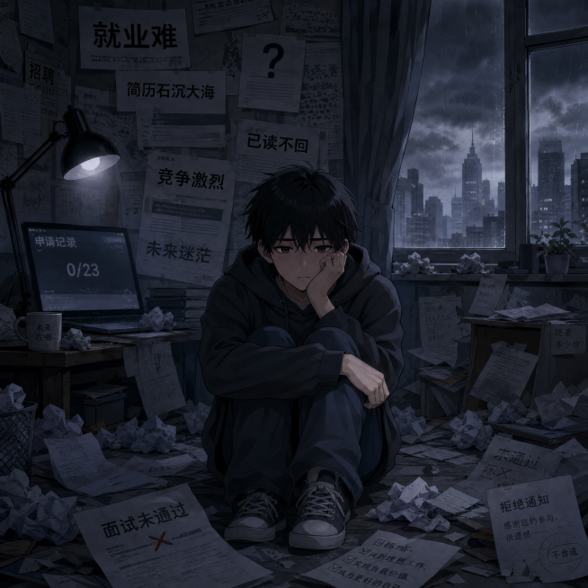 以就业主题对比图为原型，调整为整体表现找不到工作对未来迷茫的氛围，保留动漫青年男子坐在图片中间，整体色调灰暗压抑，氛围迷茫惆怅，突出求职焦虑情绪，动漫风格预览效果