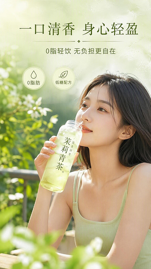 [商品] 使用【图1】茉莉青茶饮品；保留茶饮外观、淡黄绿色茶液、冰块质感，由年轻亚洲女性手持饮用。
[画面] 目标：模特生活方式展示，营造轻松惬意的饮用氛围。构图：模特半身生活方式型，年轻亚洲女性（25岁左右，清新自然妆容）手持茉莉青茶饮品，正在饮用或准备饮用，表情轻松愉悦。场景为户外公园或阳台，背景有绿植和柔和阳光。产品占画面40%，位于中心偏下，清晰可见。人物占画面50%，上半身入镜。前景虚化植物，中景人物和产品，背景虚化绿植。
[视觉] 套系策略：风格=清新自然商业摄影风；标题字=清雅宋体衬线体；正文字=简洁无衬线体；主色=茉莉浅绿+茶白；背景延展=基于浅绿做深浅渐变、水雾朦胧质感、同色系层次；强调色=茉莉白，仅用于小面积图标、引线和标签；标题色=深茶绿；正文色=中灰绿；组件=圆角浅底信息卡、细线引线；光影=自然户外柔光、侧逆光发丝光、皮肤通透质感。
[文字] 上方主标题"一口清香 身心轻盈"，副标题"0脂轻饮 无负担更自在"，下方2个卖点标签："0脂肪""低糖配方"，文字横排，不遮挡人物脸部和产品主体。
[规格] 比例9:16竖版，2K分辨率，避免变形、错字、文字过小、人物不自然、产品模糊、手部畸形。