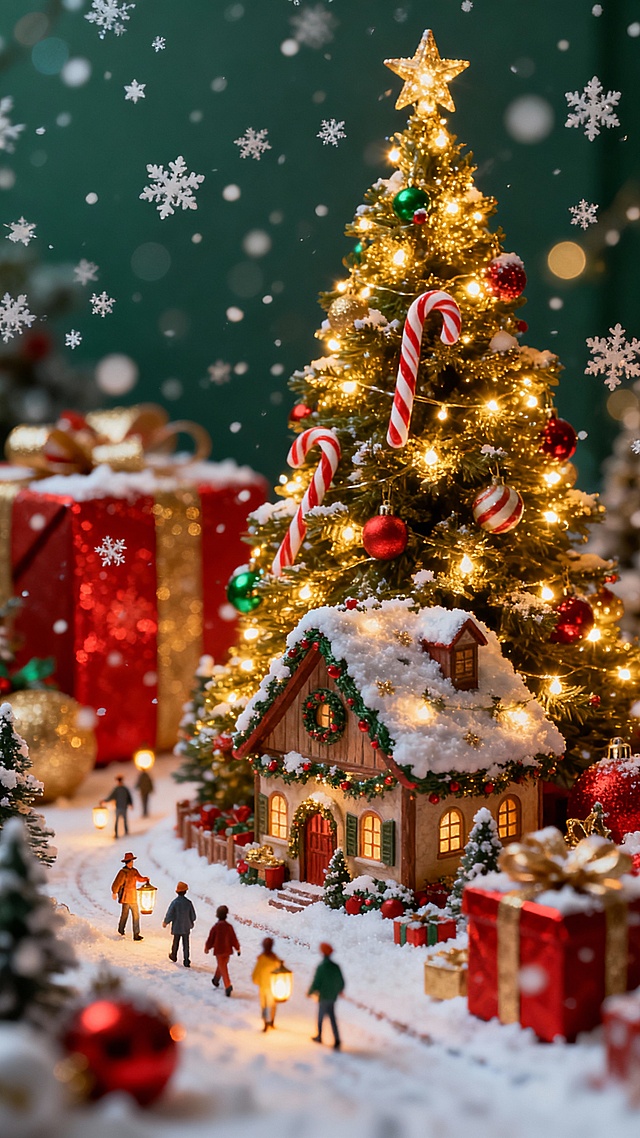 Dreamlike miniature world, magical tiny people living inside a Christmas village, surrounded by oversized festive decorations. Giant glowing Christmas tree towering above the miniature houses, massive