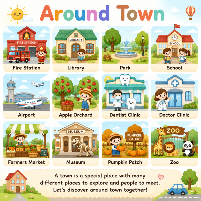 英语启蒙海报，主题是Around Town，儿童绘本风格，消防站、图书馆、公园、学校、机场、苹果园、牙医诊所、医生诊所、农贸市场、博物馆、南瓜园、动物园这些城镇地点，每个地点搭配对应的英语单词标签，海预览效果