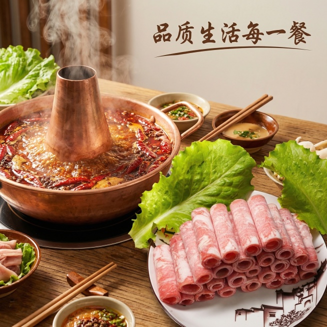 [主图 4] 风味牛肉卷涮锅场景展示
[氛围/风格] 温馨美食场景，热气腾腾，突出食欲感
[画面元素] 原牛肉卷摆放在火锅边的白瓷盘里，锅内翻滚着麻辣汤底，蒸汽升腾，营造涮锅食用场景，牛肉卷鲜嫩色泽清预览效果