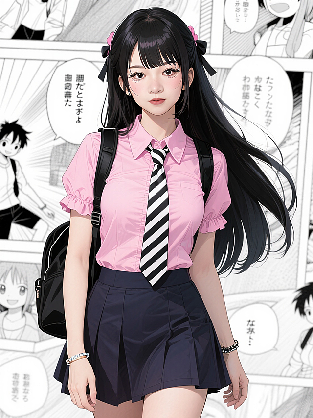 写真摄影，海贼王娜美Cosplay形象鲜明。她有着乌黑的长发，自然垂落，发丝柔顺有光泽。身着粉色的短袖衬衫，领口是俏皮的翻领设计，袖口有可爱的褶皱，搭配一条深色的短裙，肩上背着黑色的双肩包，胸前系着一条黑白条纹的领带，增添学院风。手腕上有简约的手环和手链。用细腻笔触刻画人物的发丝细节（如自然的垂坠、发丝的分层 ）、衬衫的面料（粉色的柔和、褶皱的精致 ）、领带的纹理（黑白条纹的清晰、布料的质感 ）、