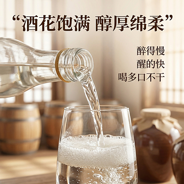 [主图 3] 工艺细节展示，体现传统酿造优势
[氛围风格] 专业信任感，传统工艺氛围，干净通透
[画面元素] 商业摄影质感、光线柔和通透、产品清晰真实、画面干净高级。保留原产品瓶身，展示倾倒出的酒液，酒花饱满细节，突出固态法酿造的酒液纯净质感，背景搭配浅景深传统酒坊一角，保持产品主体突出。
[配色色系] 浅木色搭配玻璃通透感，暖调自然光影，深棕色文字
[视角构图] 平视特写，中心构图突出酒花细节
[文字版式] 画面顶部主标题“酒花饱满 醇厚绵柔”粗体大字，画面右侧标注卖点“醉得慢 醒的快 喝多口不干”小字分行排列，信息层级清晰，不遮挡产品主体。
[比例分辨率] 1:1 比例，2k 分辨率；文字清晰可辨，超高清。
[负向提示词] 变形，水印，文字错乱，产品图模糊，背景杂乱，遮挡主体
