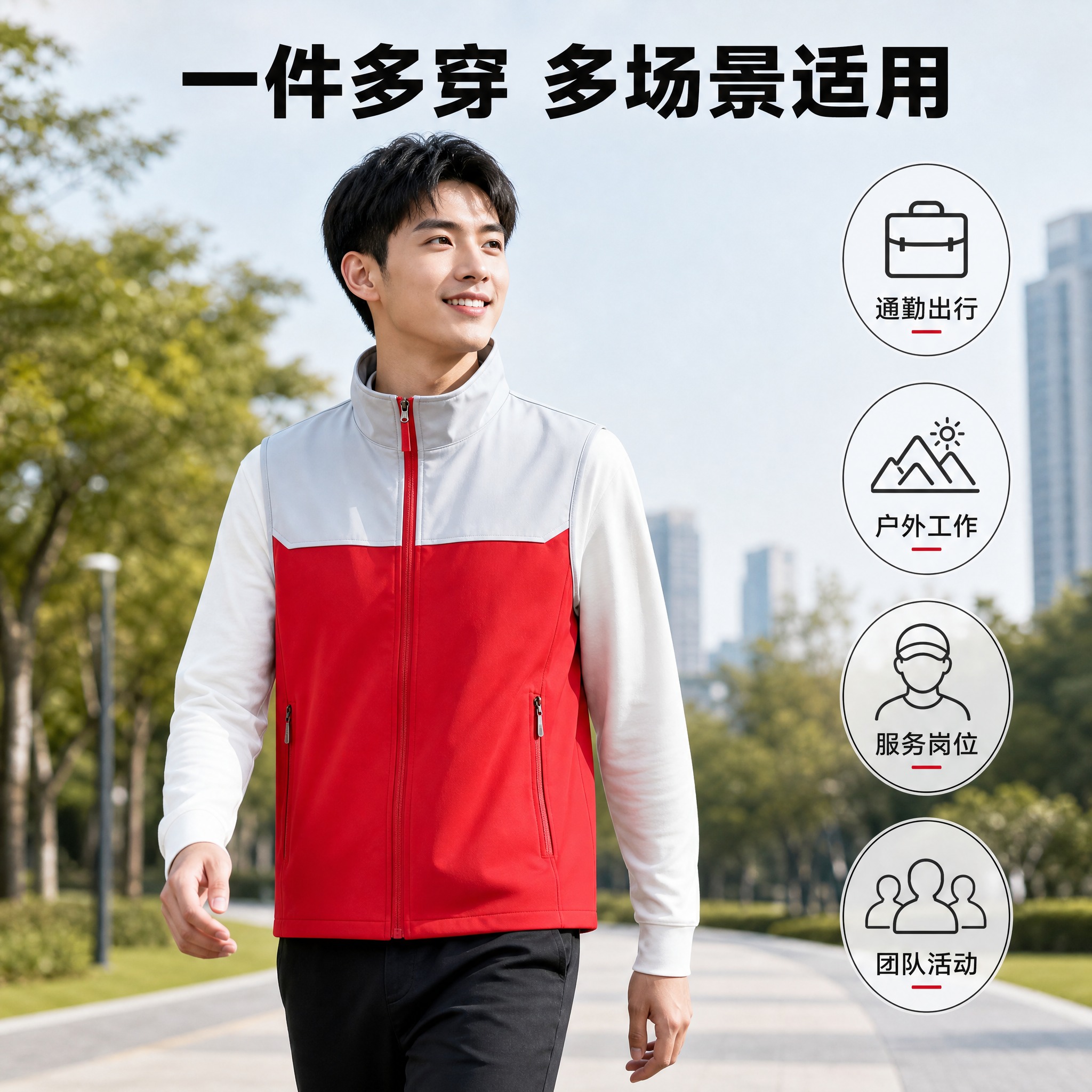 [主图-3] 多场景适用展示图，主题为马甲工作服多场景穿搭，覆… - 图片创意预览