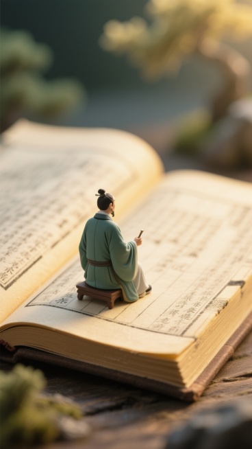 巨大翻开的古籍，一个迷你古风老师（青衫长袍，背影）坐在书上，一束暖黄色光照在人物身上，远景，宁静祥和预览效果