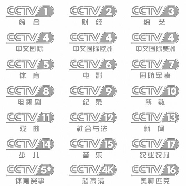 参考图中的CCTV各频道台标设计风格，重新生成完整的CCTV频道台标集合，保持相同的版式布局：7行3列排列，每个台标包含CCTV数字编号和频道名称，采用相同的双线描边+内部填充的简约设计风格，统一的字体样式和视觉语言，白色背景，灰色线条，整体风格简洁规范，与参考图的设计语言保持一致