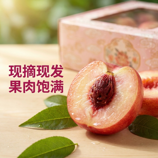 [主图 4] 油桃果肉切面展示，自然愈风风格，突出食欲感新鲜度。氛围：自然暖阳逆光，果肉通透诱人，新鲜多汁。画面元素：切开一半的油桃展示在前方，能看到饱满粉嫩多汁的果肉，完整礼盒放置在后方背景处，保持预览效果