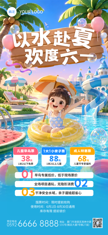 六一儿童节水上乐园节日营销宣传童趣风全屏竖版海报预览效果