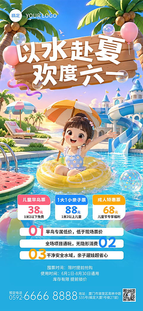 六一儿童节水上乐园节日营销宣传童趣风全屏竖版海报