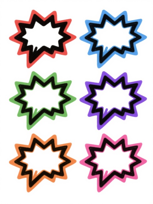 六个相同的手绘风格爆炸形状对话框图案，每个图案内部为白色，外轮廓为黑色粗线条，线条边缘有单色渐变描边，分别采用红色、蓝色、绿色、紫色、橙色、粉色六种不同颜色的描边，所有图案在纯白色背景上呈两行三列规整排布，保持原有的卡通涂鸦笔触质感和不规则锯齿状边缘设计，整体构图均衡对称，视觉层次清晰。预览效果