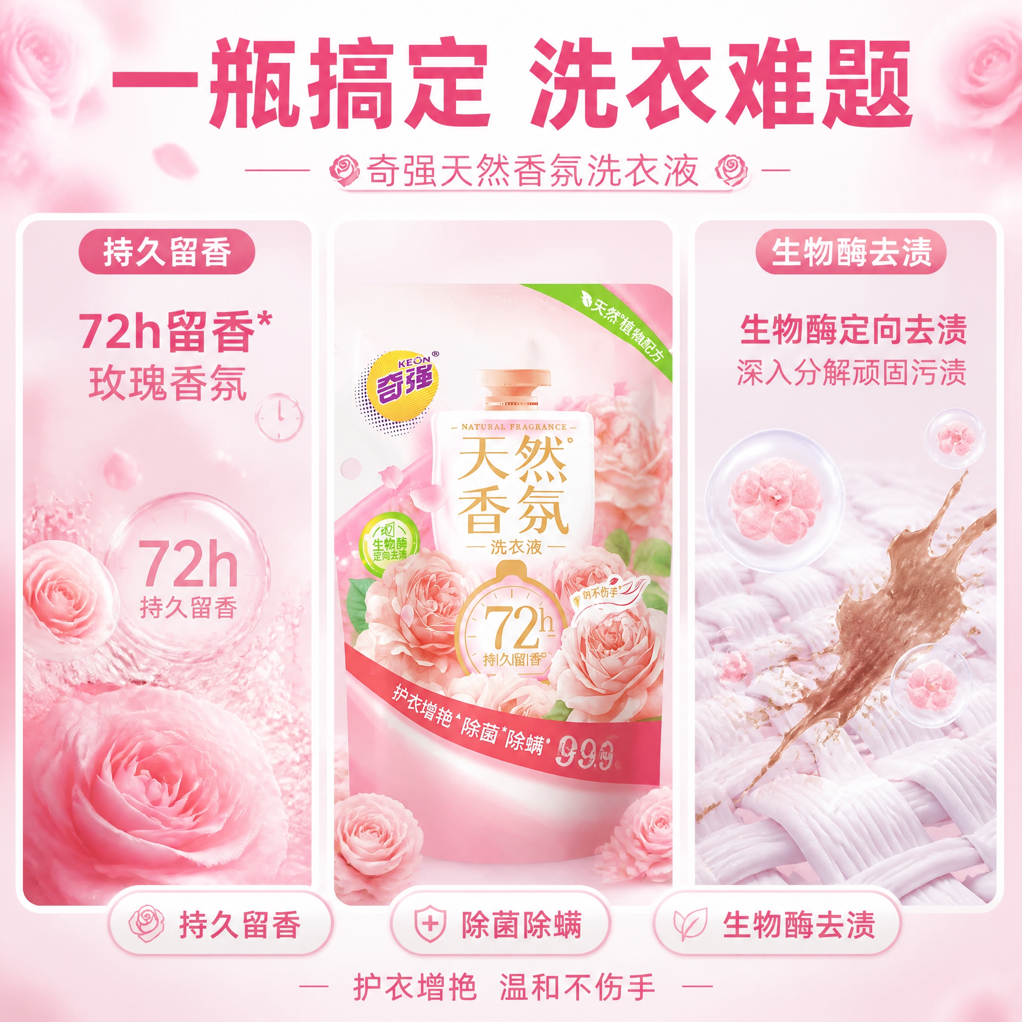 第4张 抖音主图，奇强天然香氛洗衣液，多功效三宫格展示。使用图… - 图片创意预览
