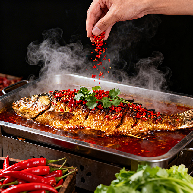 一张美味烤鱼的特写美食摄影，深色背景突出主体，高对比度光影，鱼身金黄焦脆，表面覆盖鲜红的辣椒碎和翠绿的香菜点缀，热气腾腾烟雾缭绕，一只手正将红色的辣椒碎撒向烤鱼，辣椒碎在空中飞舞，金属烤盘中汤汁翻滚，旁边放有新鲜的红辣椒和绿色蔬菜，整体色调以红、金、黑为主，营造出诱人热辣鲜香的氛围，构图聚焦于烤鱼，细节清晰，质感丰富，充满食欲