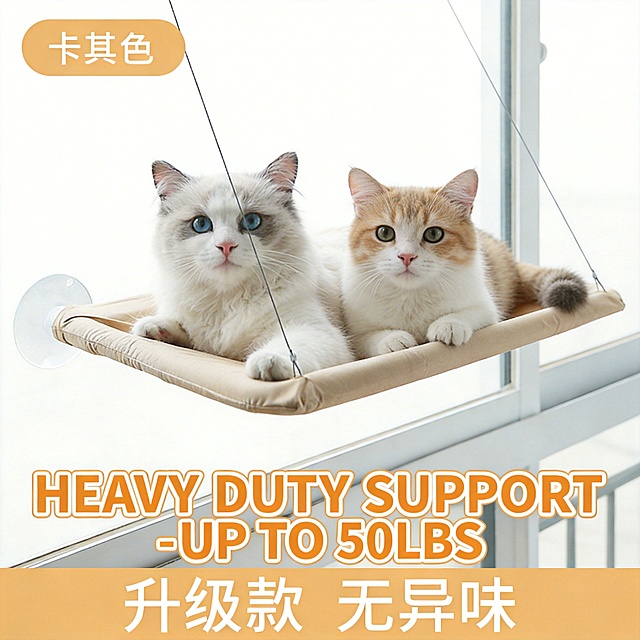欧美跨境电商卖点详情图，聚焦猫吊床的承重能力，展示两只猫咪同时躺在吊床上的场景，添加醒目的英文文字"HEAVY DUTY SUPPORT - UP TO 50LBS"，背景简洁，突出产品承重强的特点，产品严格按照原图样式