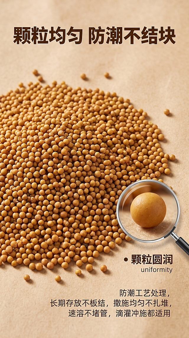 [主图-3] 颗粒特性细节展示图，展示颗粒均匀不结块优势。
[氛围风格] 真实质感展示，清晰突出品质
[画质] 微距商业摄影，细节清晰锐利，画质高级
[元素] 中心主体放大展示颗粒，牛皮纸上散落均匀颗粒，每个颗粒圆润大小均匀，无结块现象，保持肥料颗粒颜色质感与输入产品图一致。画面用圆形放大框突出单个颗粒细节，标注颗粒均匀特性。主体占比约65%，保持产品一致性。
[光影] 侧光打光突出颗粒圆润立体感，纹理清晰，明暗对比自然
[配色] 牛皮纸浅棕色背景，颗粒棕黄色，深棕色文字，整体大地色系自然和谐
[视角构图] 俯视微距拍摄，中心主体加侧边细节放大框构图
[文字版式] 顶部标题"颗粒均匀 防潮不结块"，粗体深棕色，圆形放大框旁标注"颗粒圆润 uniformity"，下方说明文字：防潮工艺处理，长期存放不板结，撒施均匀不扎堆，速溶不堵管，滴灌冲施都适用。文字排版清晰，不遮挡主体细节。
[输出要求] 9:16比例，文字清晰可辨，超高清商业摄影质感，分辨率2K
[负向提示词] 变形，文字错乱，产品图模糊，背景杂乱，水印，电商平台Logo