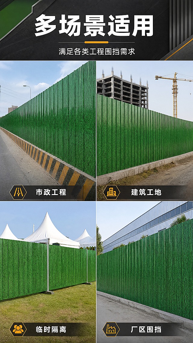 [商品] 使用【图1】绿色仿真草皮彩钢瓦围挡；保留波纹结构、绿色小草图案、拼接方式；修复杂物，使板面干净。
[画面] 目标：多场景适配展示，证明适用范围广。构图：2x2四宫格布局，每格展示一个应用场景中的围挡实景：左上=市政道路施工围挡、右上=建筑工地外围围挡、左下=临时活动隔离围挡、右下=厂区/园区围挡；每格场景真实，围挡为画面主体；顶部为标题区。
[视觉] 套系策略：风格=五金建材专业工业风商业摄影；标题字=粗黑无衬线黑体；正文字=简洁无衬线体；主色=草绿+深灰；背景延展=基于深灰和草绿做深浅层级、同色渐变和金属/水泥质感；强调色=橙黄色，仅用于小面积图标、引线和标签；标题色=白色/深炭灰；正文色=中灰；组件=深色半透明信息卡、细线引线、工业风图标；光影=各场景自然日光，统一色调。
[文字] 顶部主标题"多场景适用"，副标题"满足各类工程围挡需求"；四宫格每格下方标注场景名称：市政工程、建筑工地、临时隔离、厂区围挡；所有文字横排。
[规格] 图片比例9:16竖版，4K，避免变形、错字、文字过小、冷蓝背景、围挡颜色改变、场景不真实。