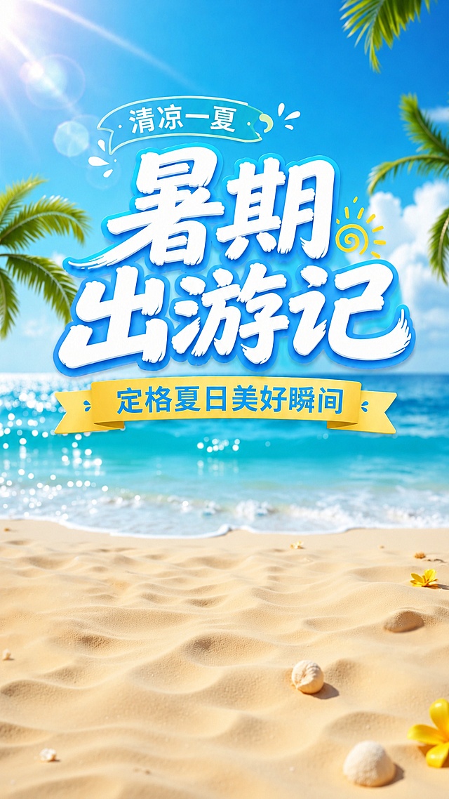 保留所有文字内容：主标题“暑期出游记”，副标题“定格夏日美好瞬间”，装饰文字“清凉一夏”，将背景替换为用户提供的新沙滩海景图，保持原有文字位置、样式和颜色不变，融合自然，整体风格清新夏日，9:16比例，文字清晰可读。