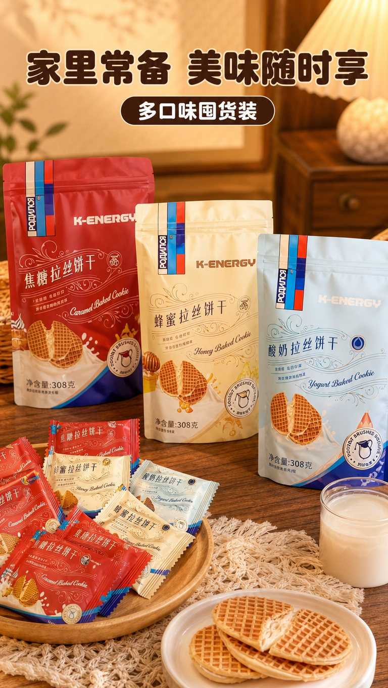三袋不同口味拉丝饼干摆放在木质桌面上，红色焦糖味、米黄色蜂蜜味… - 图片创意预览