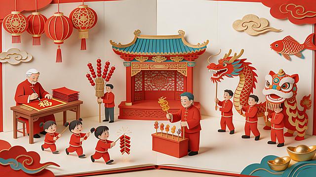 新中式多层剪纸立体书，8K超高清，传统中国红为主色调，搭配鎏金、青蓝点缀。立体书展开后呈现【春节逛庙会】场景，书页雕刻出戏台、糖葫芦摊、灯谜长廊等中式建筑，飞檐斗拱细节清晰。场景内有剪纸风格人物：老人写春联、孩童放鞭炮、艺人捏糖人，还有舞龙舞狮的队伍。角落点缀剪纸祥云、元宝、锦鲤，上方悬挂镂空红灯笼，流苏飘逸。整体为3D纸艺质感，光影通透，剪纸纹路细腻，留白适中，兼具传统年味与中式高级美感，适合新年主题海报。