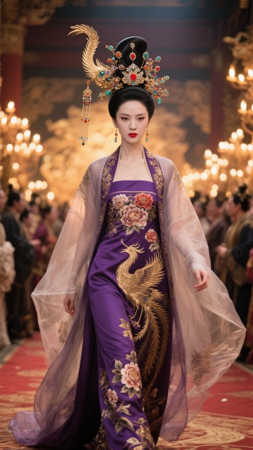 宫廷盛宴之上，灯火辉煌璀璨如昼。在众人的目光聚焦之处，缓缓走来一位女子。她身穿华丽的绛紫色宫装，衣料上用金线勾勒出复杂而精致的凤穿牡丹图案，尽显尊贵之气。外罩一层薄如蝉翼的鲛绡纱衣，若隐若现间更增添了预览效果