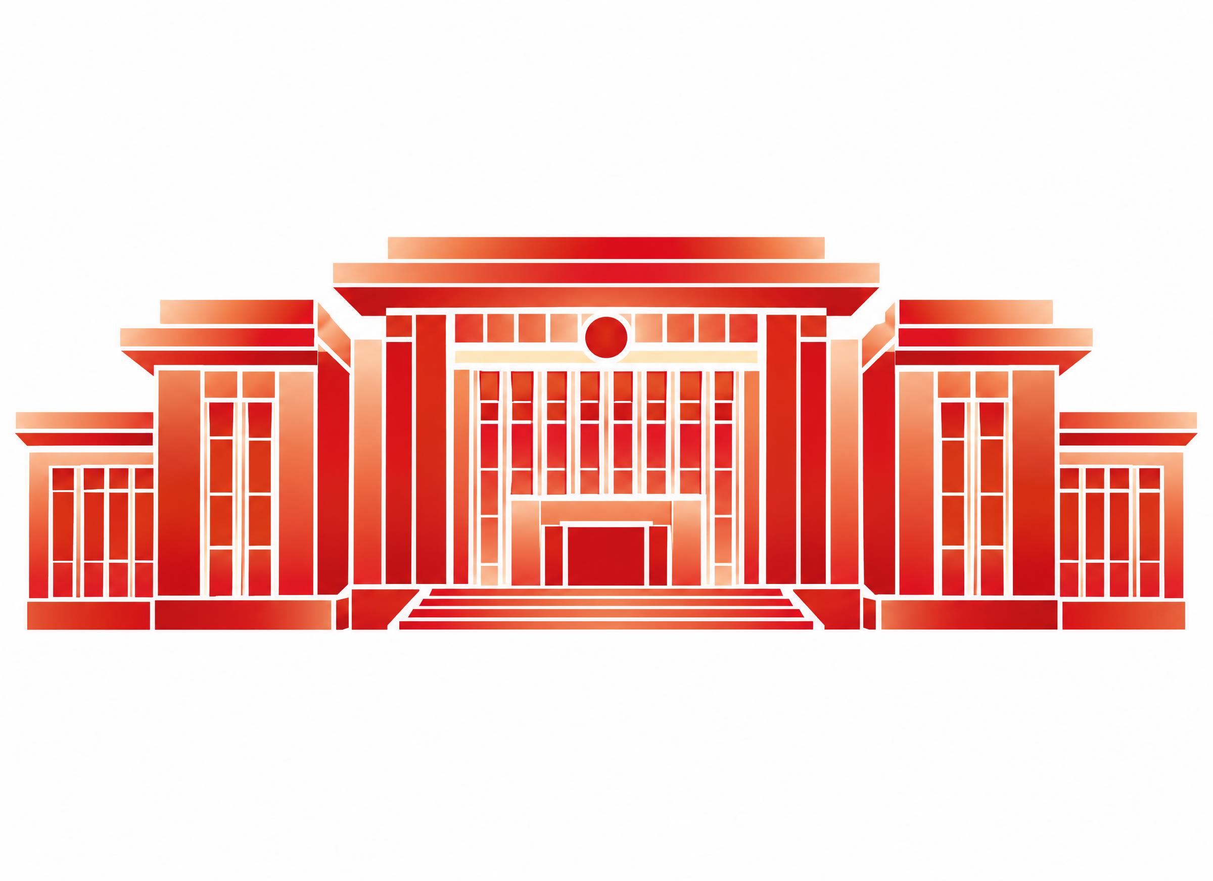 参考图中的红色渐变矢量建筑插画风格，重新设计一座全新的对称式政… - 图片创意预览