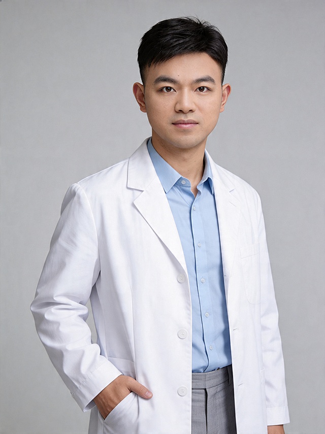 参考图中保留人物脸型、发型、年龄等特征生成医师形象照,标准焦段50mm,f/4光圈(f/2.8-f/4区间),平视视角(镜头与人物视线齐平);人物占画面70%,人物居中(居中构图),位于画面中心,为视觉聚焦点,入境范围头部及以下至臀部下方10cm(半身像);左右留少量背景空间;头部与画面顶部保留5%空间;头部发型完整,头肩比例协调,人物结构准确;发质微微柔顺，微微蓬松。身穿整洁白色医师服白大褂,去除蓝色领带,内搭浅蓝色纯色衬衫;下装浅灰色医护西裤;着装正式干练;专业仁心、沉稳可靠;身形匀称,姿态端正,身体挺拔。呈左手插兜的自然姿态，肢体放松且自信;简约微微中度灰色纯色背景(呈现均匀柔和质感),背景光线均匀柔和,强化色彩对比的高级感。极简干净;32k画质超高分辨率、细节清晰,现代精致感风格;肤质精细化处理;眼神直视镜头,目光坚定且澄澈,表情自然。嘴角上扬;肤质自然细腻,肤色健康均匀,皮肤状态清爽干净,保留真实皮肤细节｡正面柔光补光,4800K中性光,面部光比1:1.5｡中近景写实摄影,对焦清晰,面部雾面柔光,轻透裸肌感,高清保留皮肤细节｡分辨率4K,去除人物之外的所有元素。严格按照图片内容生成。画面比例3:4