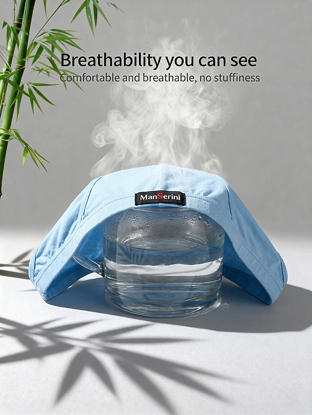 商业商品展示图，浅蓝色男士三角内裤ManSerini品牌保持Logo原样，保持主体物理结构不变，将内裤按照参考图二的方式罩住装满水的玻璃杯，内裤完全覆盖在玻璃杯口上方，玻璃杯把手朝左。背景保留浅灰色墙面和左侧绿色竹子，保留竹叶光影投射在浅灰色桌面上，保留背景的白色烟雾，保留文字"Breathability you can see"和"Comfortable and breathable, no stuffiness"。采用经典侧逆光勾勒轮廓，柔光补光，低饱和度中性色调，商业高调摄影，柔和漫射光，前中后景层次分明，三分法视觉重心，保持水杯透明质感，展示内裤透气性。
