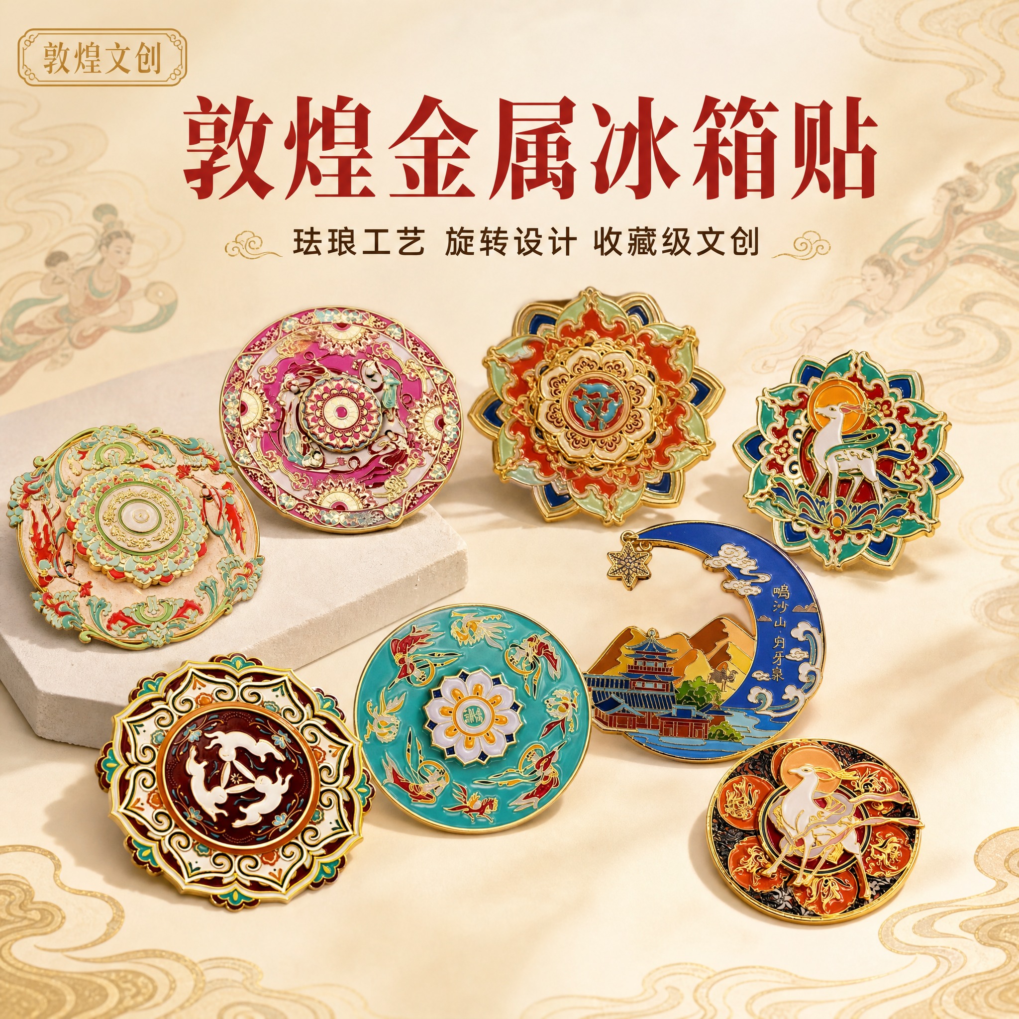 [主图-1] 敦煌文创金属冰箱贴全家福首图，展示多款敦煌主题金… - 图片创意预览