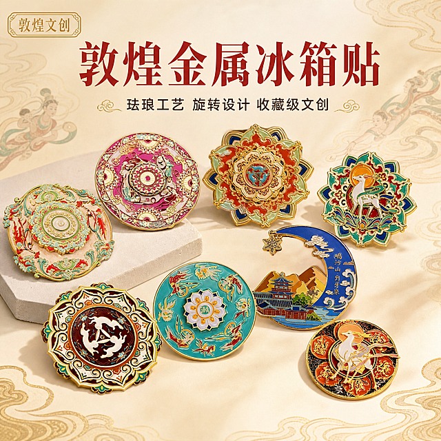 [主图-1] 敦煌文创金属冰箱贴全家福首图，展示多款敦煌主题金属珐琅冰箱贴/徽章，突出产品身份与国潮文创品质感。
[统一基调] 简约大方国潮敦煌风，背景为浅米白渐变搭配淡金色敦煌纹样暗纹，主色调为朱砂红、石青、石绿、鎏金，标题字体为大气宋体加粗，辅助文字为简洁无衬线体，整体高级精致有文化质感。
[画面] 画面中央错落摆放6-8款不同造型的敦煌金属冰箱贴，包括圆形旋转款、九色鹿款、飞天款、三兔共耳款、月牙泉款等，产品保持原图的金属珐琅质感、金色描边、鲜艳釉色和精致细节。产品呈自然散落陈列，有前后层次，部分微微倾斜展示立体感，主体占画面约65%。左上角有小标"敦煌文创"，画面上方主标题"敦煌金属冰箱贴"，下方副标题"珐琅工艺 旋转设计 收藏级文创"。
[光影质感] 商业摄影质感，柔和顶光+侧光，金属边缘有自然高光反射，珐琅釉面温润有光泽，产品下方有柔和接触阴影，整体光影均匀通透。
[配色] 背景浅米白+淡金暗纹，标题朱砂红色，辅助文字深褐色，强调色鎏金，产品本身色彩丰富但和谐统一。
[文字版式] 主标题"敦煌金属冰箱贴"位于画面上方居中，大号朱砂红宋体加粗；副标题"珐琅工艺 旋转设计 收藏级文创"在主标题下方，中号深褐色无衬线体；左上角"敦煌文创"小标配金色细线边框。所有文字不遮挡产品主体。
[输出要求] 1:1正方形，2048x2048，2K分辨率，文字清晰锐利，产品细节清晰，金属质感真实，无变形错字，无水印无平台Logo，画面干净高级。